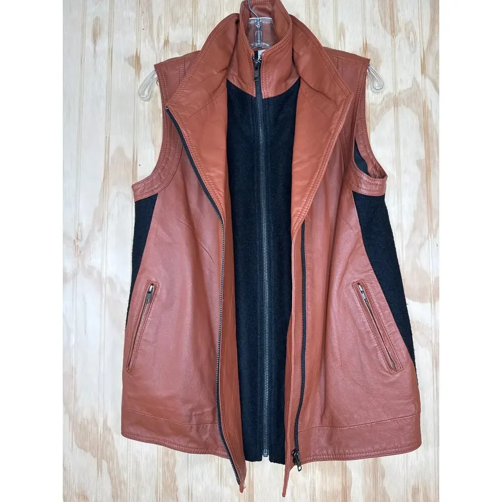 Mural Leather Moto Biker Vests Brown Black Zips Front Stretch Back Womens Medium - Picture 2 of 11